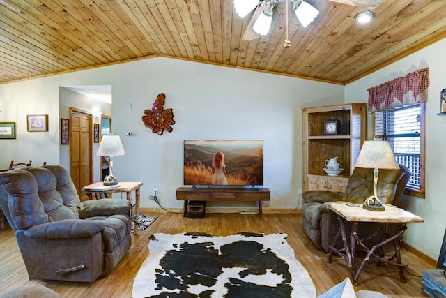 living area with a ceiling fan, wood finished floors, lofted ceiling, wood ceiling, and crown molding