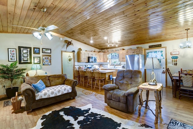 living room featuring ceiling fan with notable chandelier, vaulted ceiling, light wood-style floors, and wooden ceiling