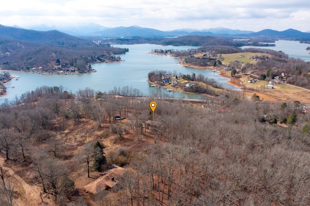 birds eye view of property featuring a water and mountain view