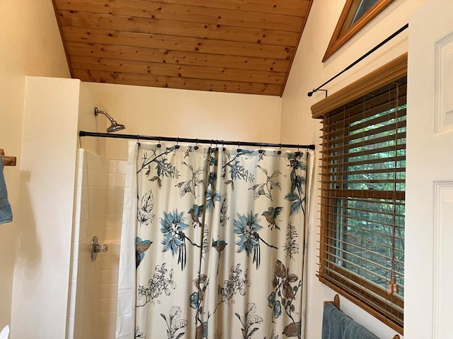 47 Starry Night Path, Murphy, NC 28906 - bathroom featuring wooden ceiling, vaulted ceiling, and a shower with curtain