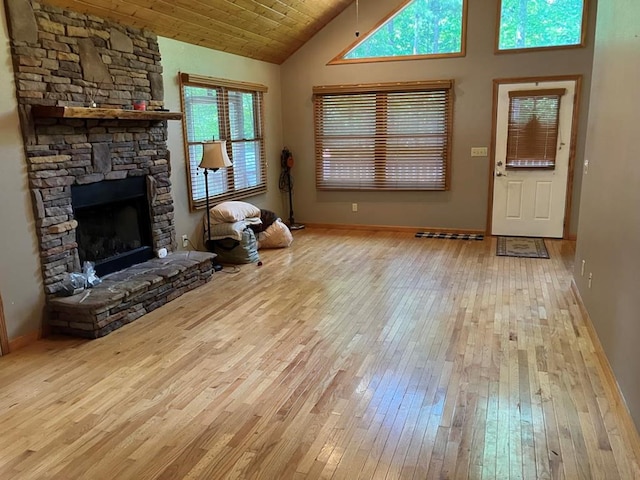 47 Starry Night Path, Murphy, NC 28906 - living room with hardwood / wood-style flooring, a fireplace, high vaulted ceiling, and wooden ceiling