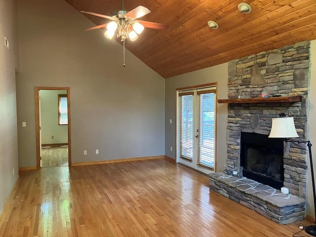 47 Starry Night Path, Murphy, NC 28906 - unfurnished living room with high vaulted ceiling, a ceiling fan, light wood-style floors, plenty of natural light, and wood ceiling