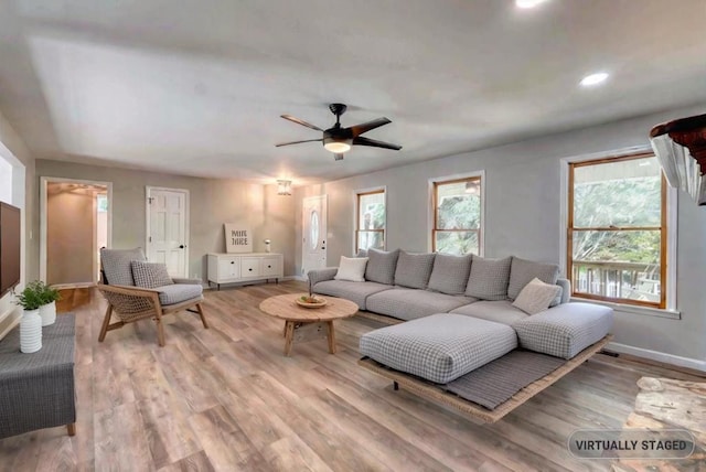 living room featuring ceiling fan and light hardwood / wood-style flooring