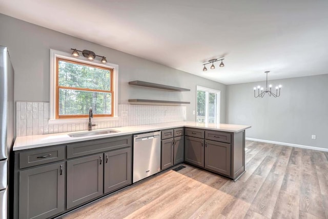 kitchen featuring sink, stainless steel dishwasher, kitchen peninsula, and decorative backsplash