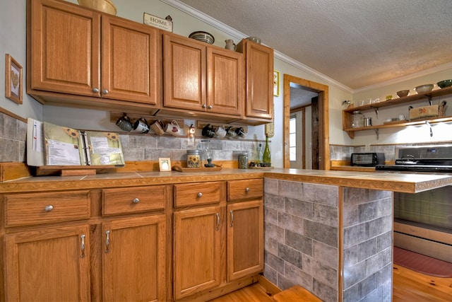 kitchen with ornamental molding, a textured ceiling, and light hardwood / wood-style flooring