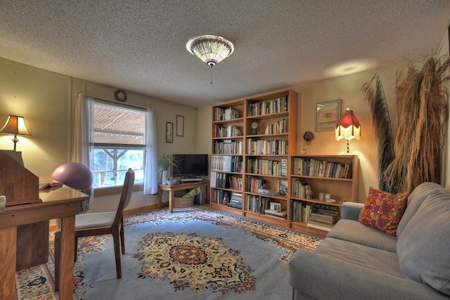 living area with a textured ceiling and hardwood / wood-style flooring