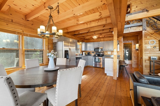 dining room featuring an inviting chandelier, hardwood / wood-style floors, beam ceiling, and wooden ceiling