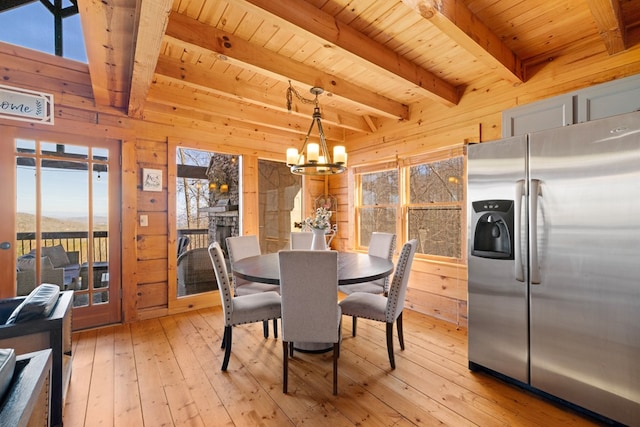 dining space with a notable chandelier, wooden ceiling, wooden walls, and a fireplace