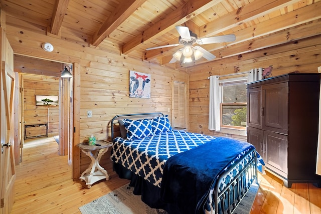 bedroom featuring light hardwood / wood-style flooring, wooden ceiling, beamed ceiling, and wood walls