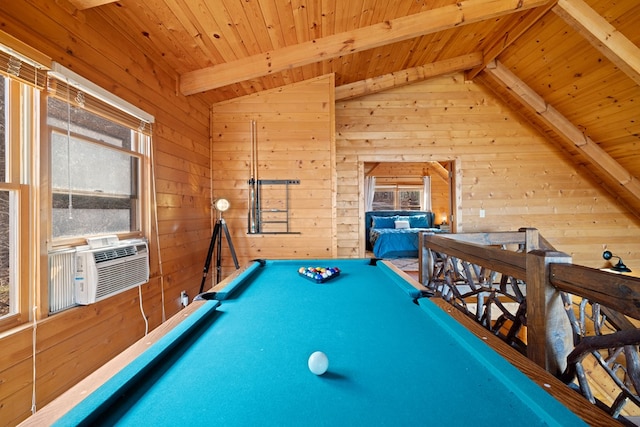 rec room featuring vaulted ceiling with beams, wooden walls, and wooden ceiling