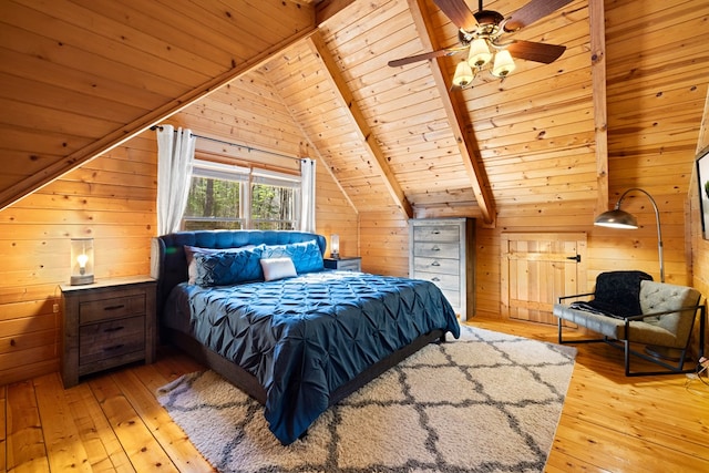 bedroom featuring light hardwood / wood-style floors, wooden walls, wooden ceiling, and lofted ceiling with beams