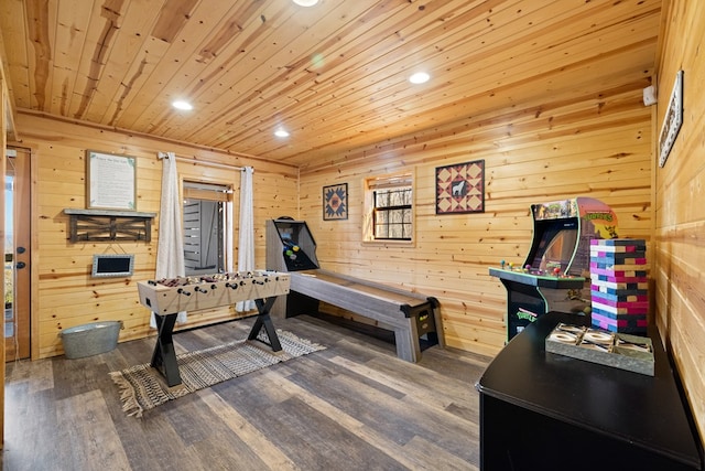 recreation room with hardwood / wood-style floors, wooden ceiling, and wood walls