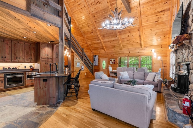 living room featuring beam ceiling, high vaulted ceiling, wood ceiling, and wood walls