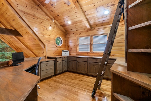 office with a wealth of natural light, light hardwood / wood-style flooring, wooden ceiling, and wood walls