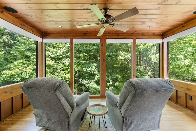 sunroom / solarium featuring ceiling fan and wood ceiling