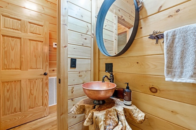 bathroom featuring sink and wooden walls