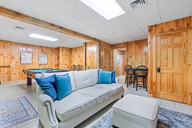 rec room featuring billiards, a drop ceiling, and wood walls