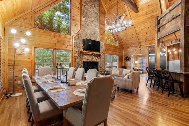 dining space featuring beam ceiling, wooden walls, high vaulted ceiling, and light hardwood / wood-style flooring