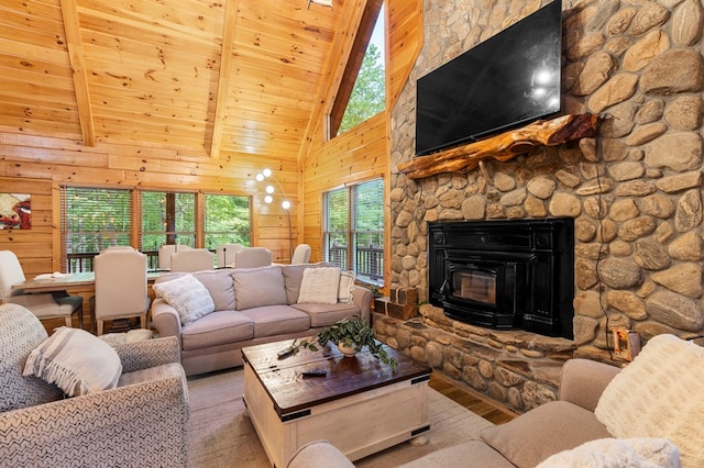 living room featuring wooden walls, beam ceiling, high vaulted ceiling, and wooden ceiling