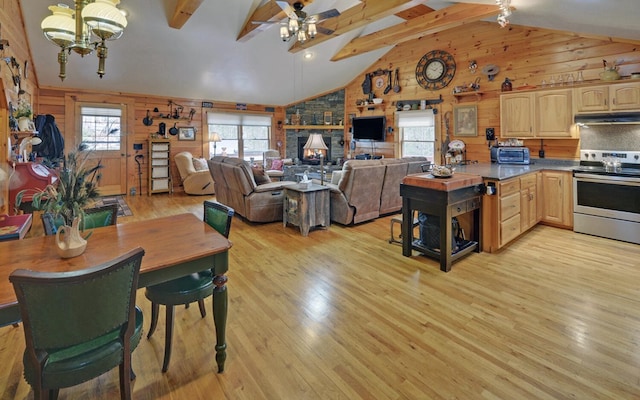 530 Bear Paw Church Rd, Murphy, NC 28906 - kitchen featuring plenty of natural light, open floor plan, wood walls, and stainless steel electric stove