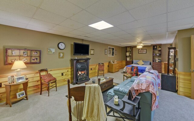530 Bear Paw Church Rd, Murphy, NC 28906 - living area with a ceiling fan, wainscoting, carpet flooring, and a drop ceiling