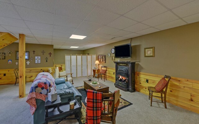 530 Bear Paw Church Rd, Murphy, NC 28906 - living room featuring carpet floors, wood walls, a drop ceiling, and wainscoting