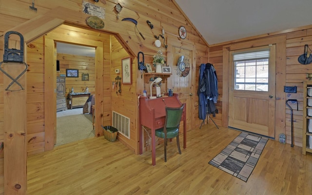 530 Bear Paw Church Rd, Murphy, NC 28906 - entryway featuring vaulted ceiling, light wood finished floors, visible vents, and wooden walls