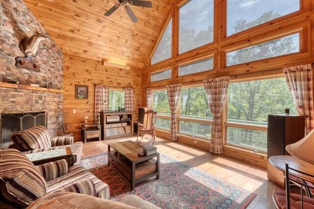 interior space with wooden ceiling, wooden walls, and light hardwood / wood-style floors