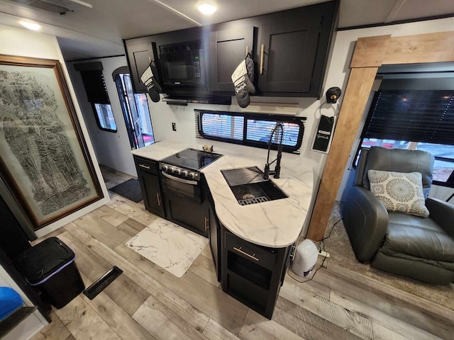 kitchen featuring black microwave, light wood-type flooring, a sink, and dark cabinets