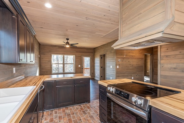 kitchen featuring sink, butcher block countertops, dark brown cabinets, wooden walls, and stainless steel appliances