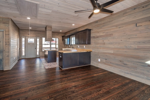 kitchen featuring dark brown cabinetry, butcher block counters, wood ceiling, dark hardwood / wood-style floors, and ceiling fan