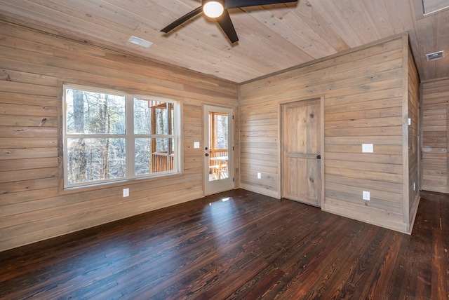 spare room with wood ceiling, ceiling fan, dark hardwood / wood-style flooring, and wooden walls