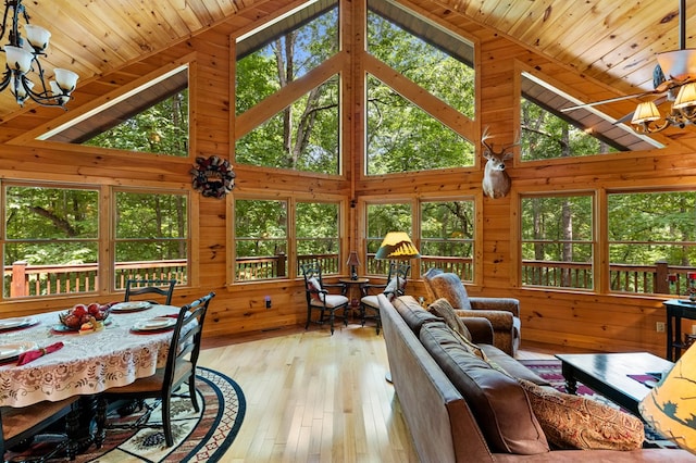 living room featuring high vaulted ceiling, wooden ceiling, an inviting chandelier, and light hardwood / wood-style floors