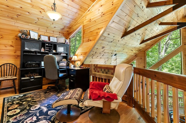 office area with hardwood / wood-style flooring, wood walls, wood ceiling, and vaulted ceiling with beams