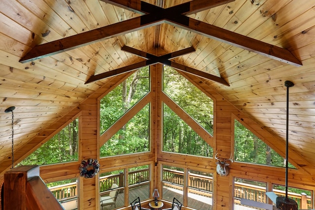 details with beamed ceiling, wood walls, and wood ceiling