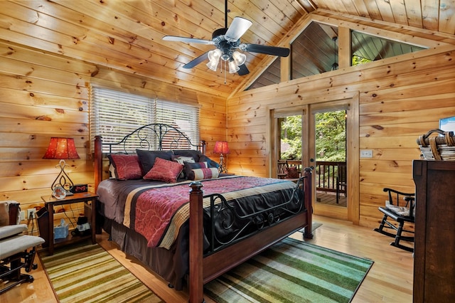 bedroom featuring access to outside, ceiling fan, light hardwood / wood-style floors, and wooden ceiling