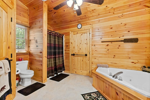 bathroom featuring lofted ceiling, wood walls, and plus walk in shower