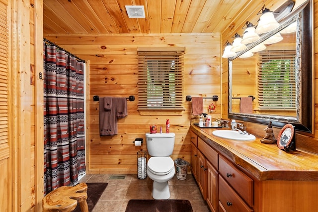 bathroom with toilet, wooden walls, vanity, and wooden ceiling