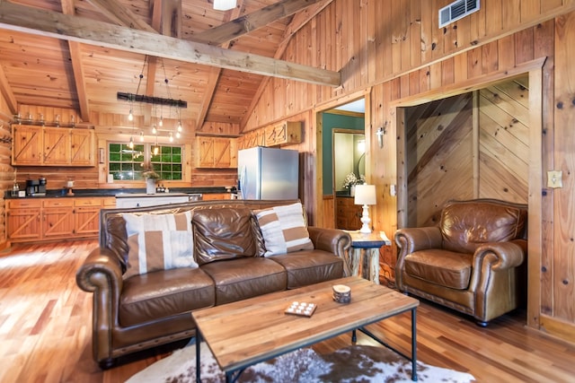 living area featuring vaulted ceiling with beams, wooden ceiling, visible vents, and wood walls