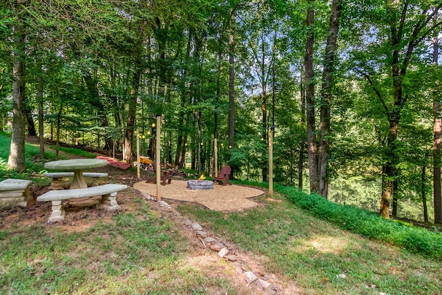 view of yard featuring an outdoor fire pit