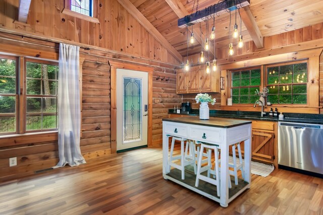 kitchen with stainless steel appliances, wooden ceiling, beam ceiling, and wood walls