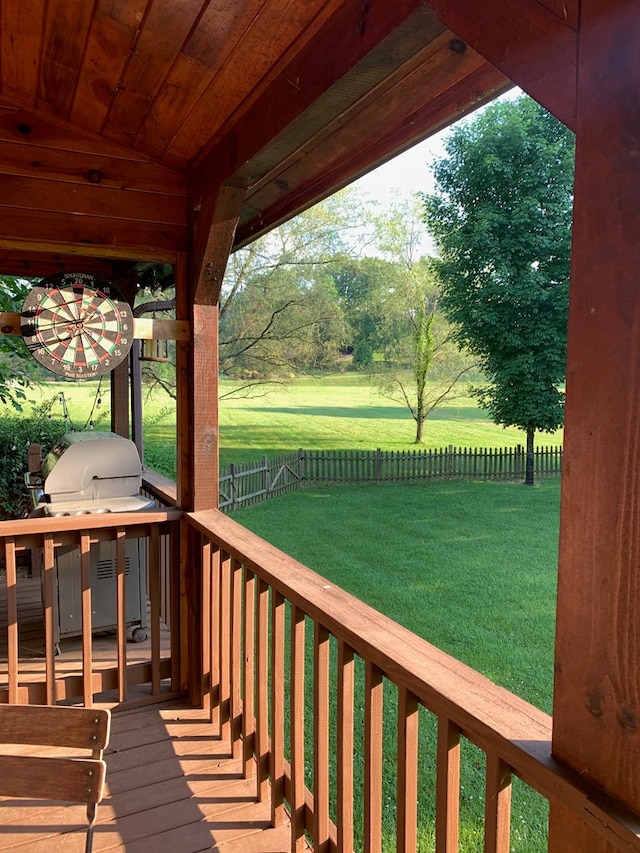 wooden deck featuring a fenced backyard, a grill, and a lawn