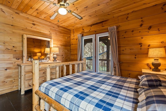 bedroom with wooden walls, access to outside, and wooden ceiling