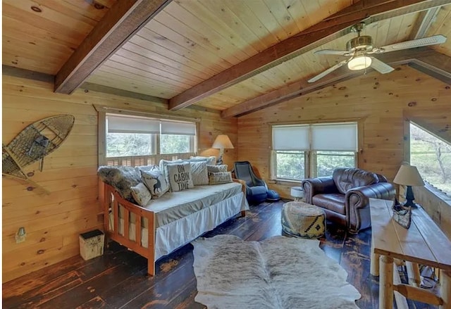 bedroom with wood walls, wood ceiling, hardwood / wood-style floors, and lofted ceiling with beams