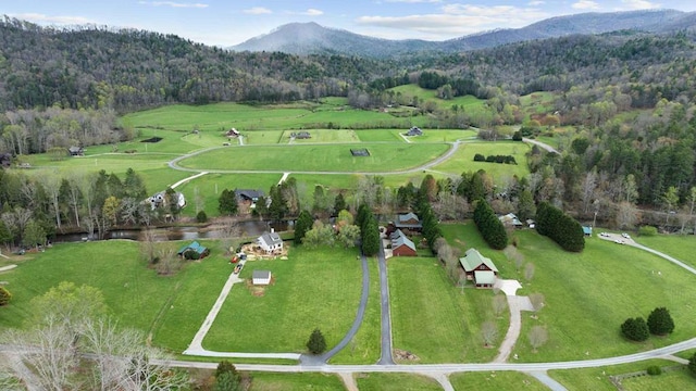 birds eye view of property with a rural view, a mountain view, and a forest view