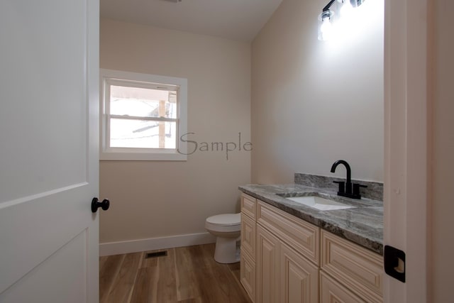 bathroom with vanity, wood-type flooring, and toilet