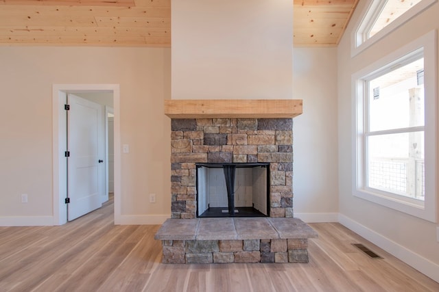 interior details with wood ceiling, a fireplace, and hardwood / wood-style flooring