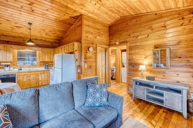 57 Coffee Pot Dr, Blue Ridge, GA 30513 - living room featuring lofted ceiling, wooden walls, wood ceiling, and light wood-type flooring