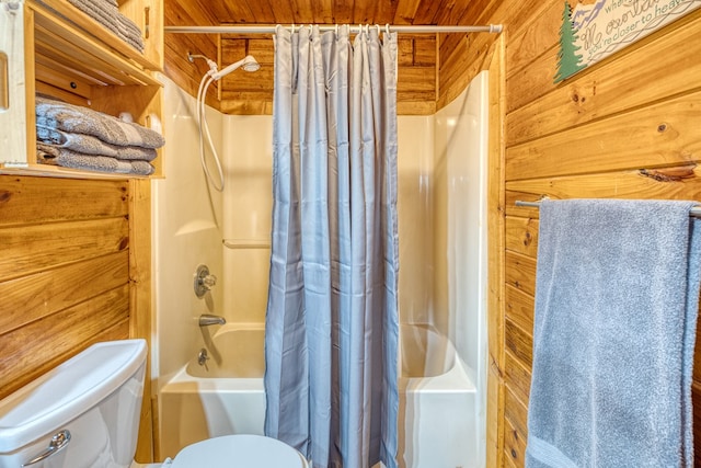 57 Coffee Pot Dr, Blue Ridge, GA 30513 - full bathroom with shower / bath combination with curtain, toilet, wooden walls, and wood ceiling