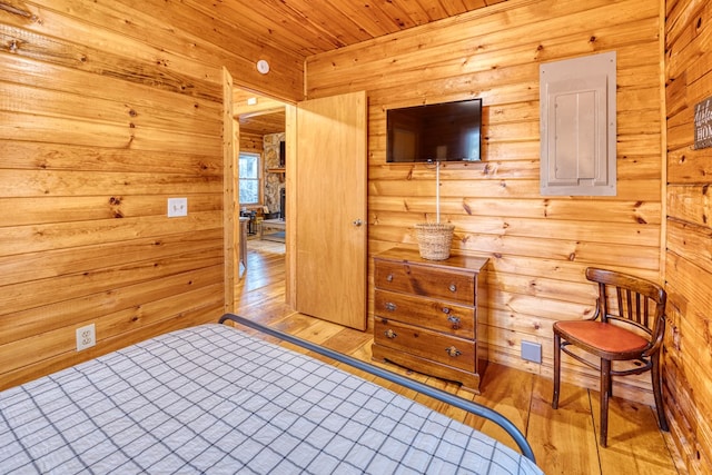 57 Coffee Pot Dr, Blue Ridge, GA 30513 - bedroom with wood ceiling, electric panel, hardwood / wood-style flooring, and wooden walls